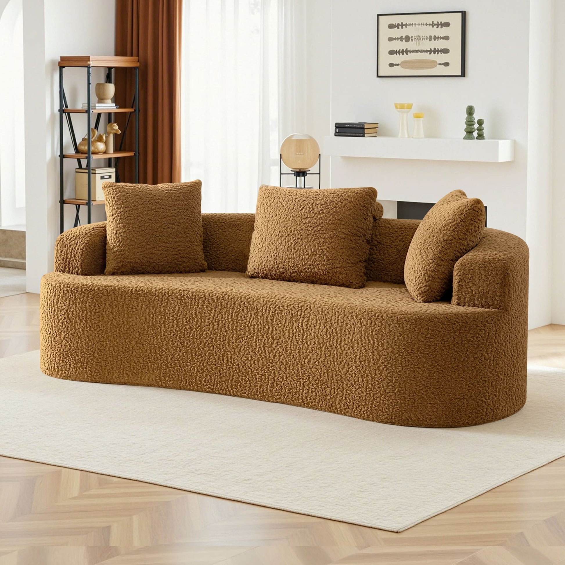 3-Seater Plush Floor Sofa with Cushions & Curved Back
