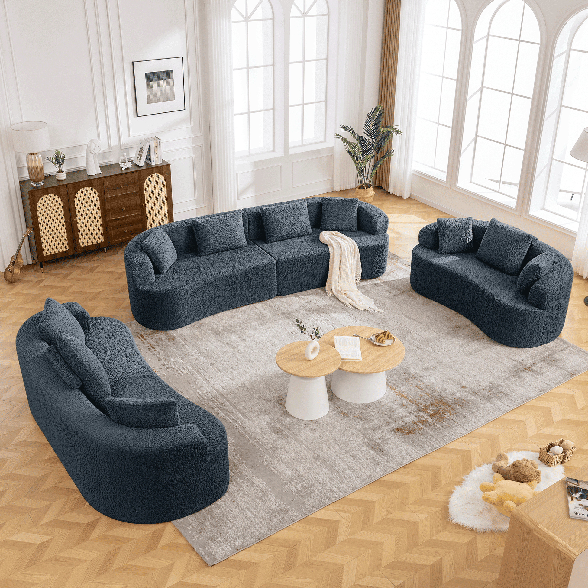 3-Seater Plush Floor Sofa with Cushions & Curved Back