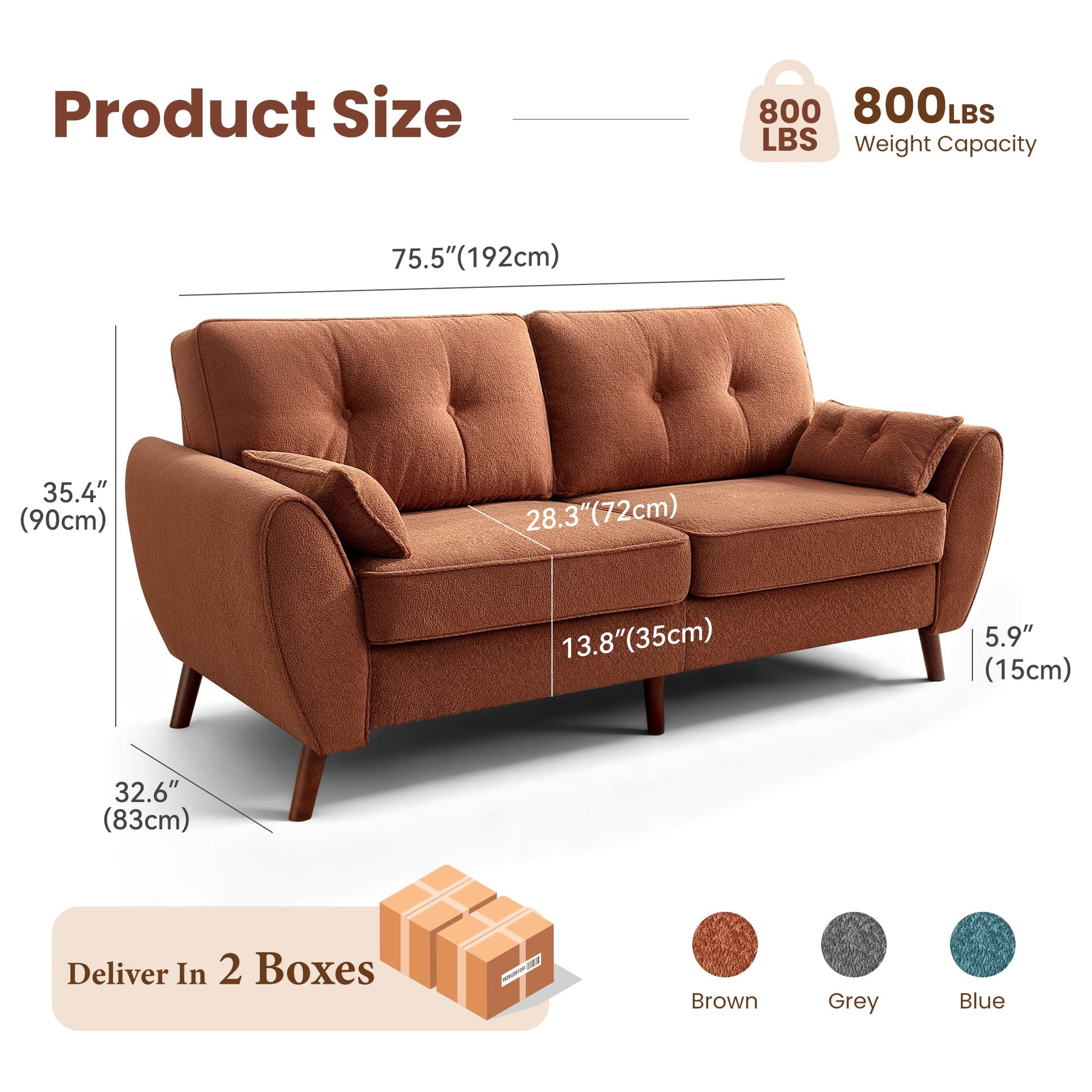75.5" Wide Modern Loveseat Sofa with Solid Wood Legs