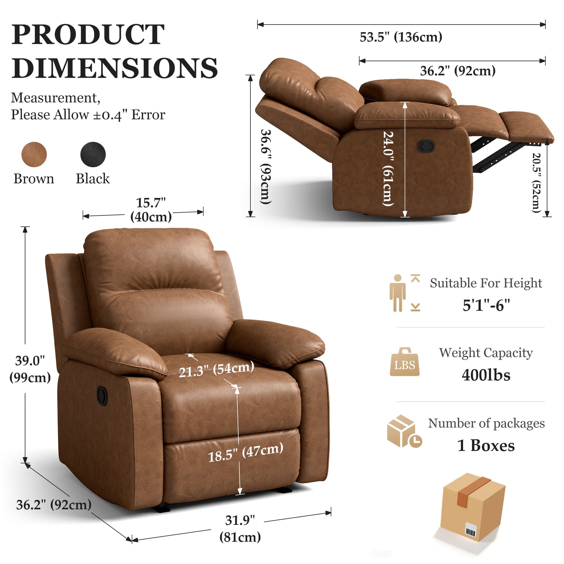 Leather Manual Recliner Sofa with Smooth Recline and Footrest