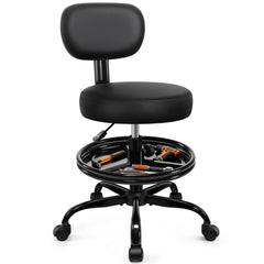 Primy Shop Stool with Wheels for Garage, Rolling Mechanics Chair with Backrest, Adjustable Height Heavy Duty Garage Stool with Footrest and Storage Tray, Swivel Task Chair for Workshop Kitchen Salon