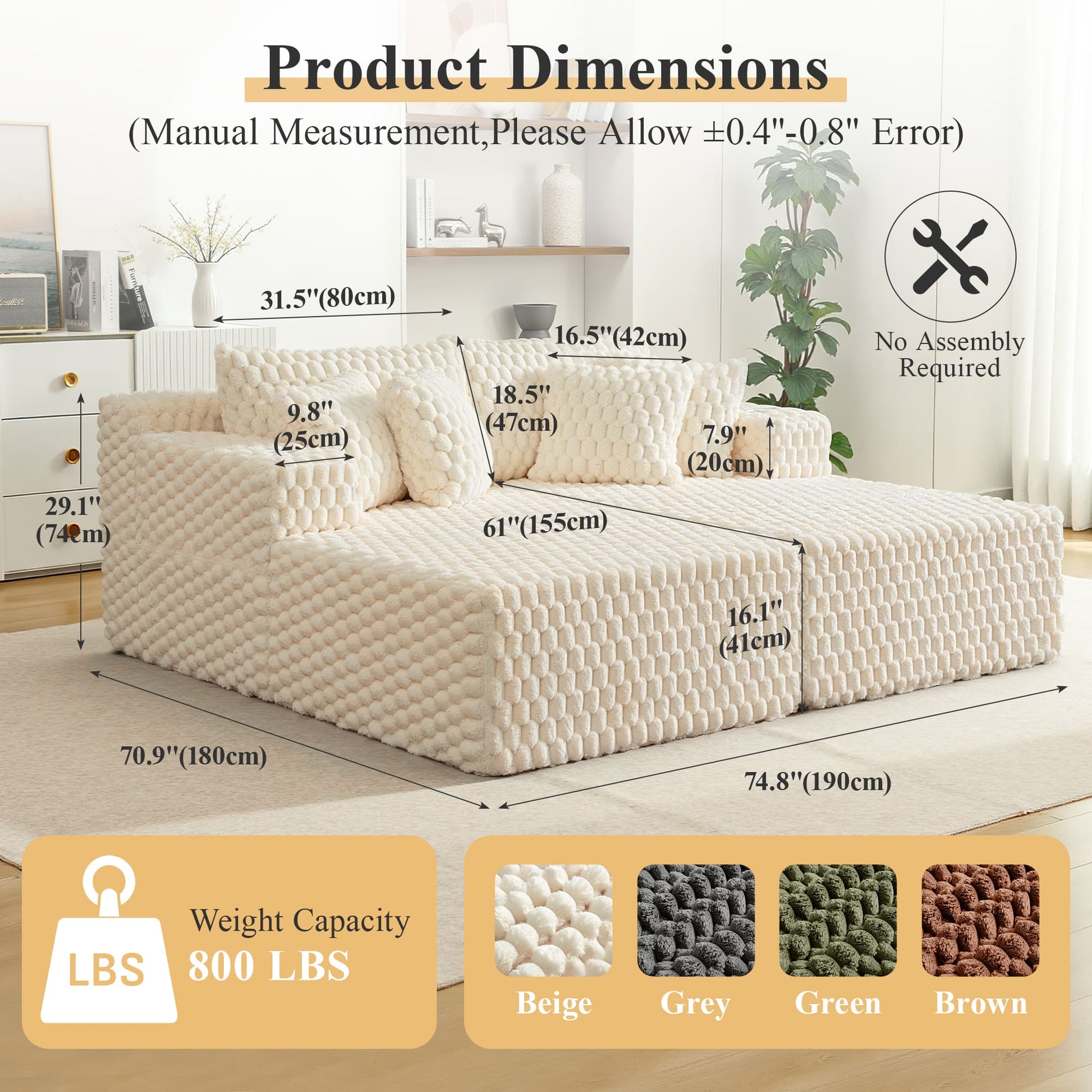 74.8" Oversize Corduroy Double Lounge Chaise Sofa Bed