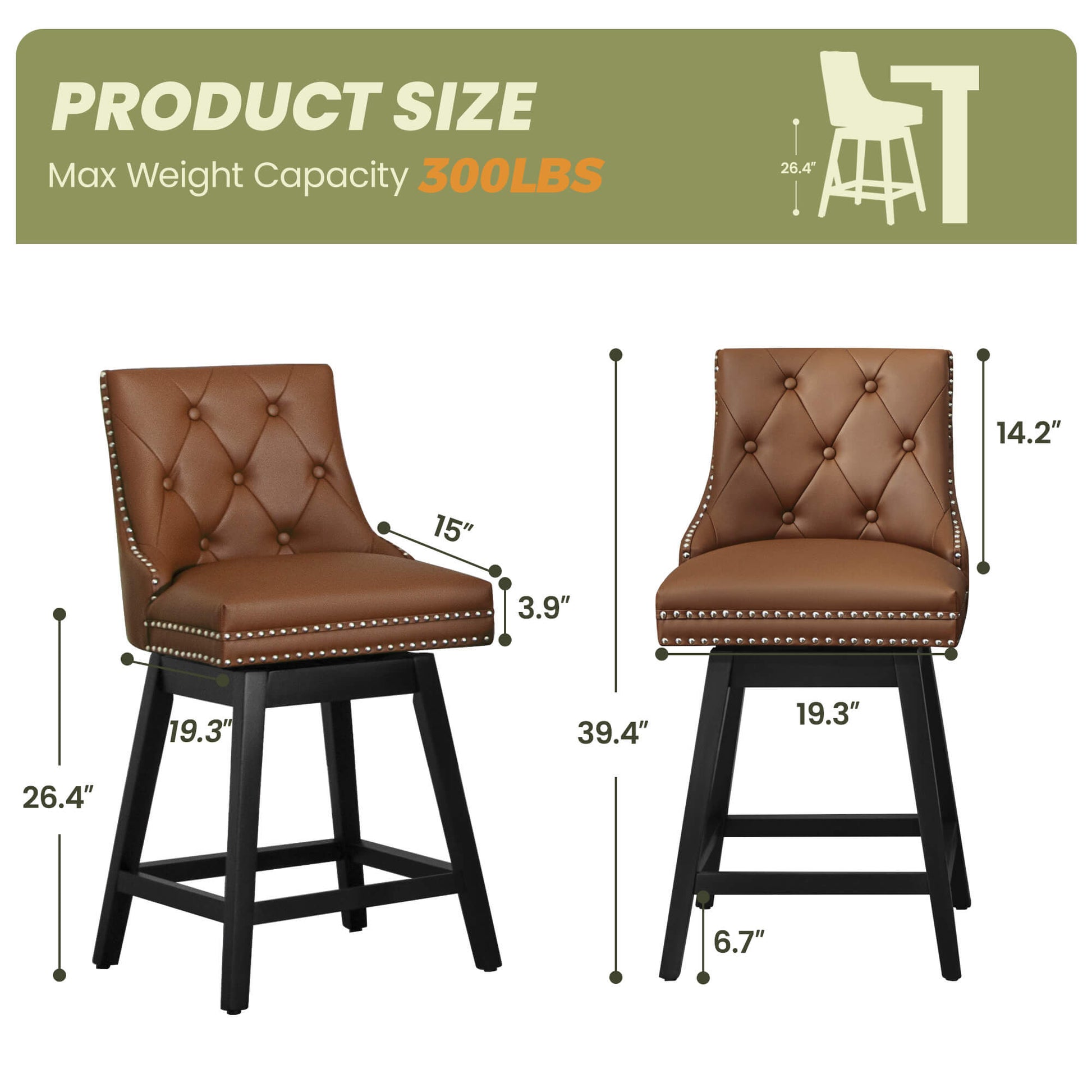 Swivel Bar Stools with Backs and Solid Wood Legs Set of 2