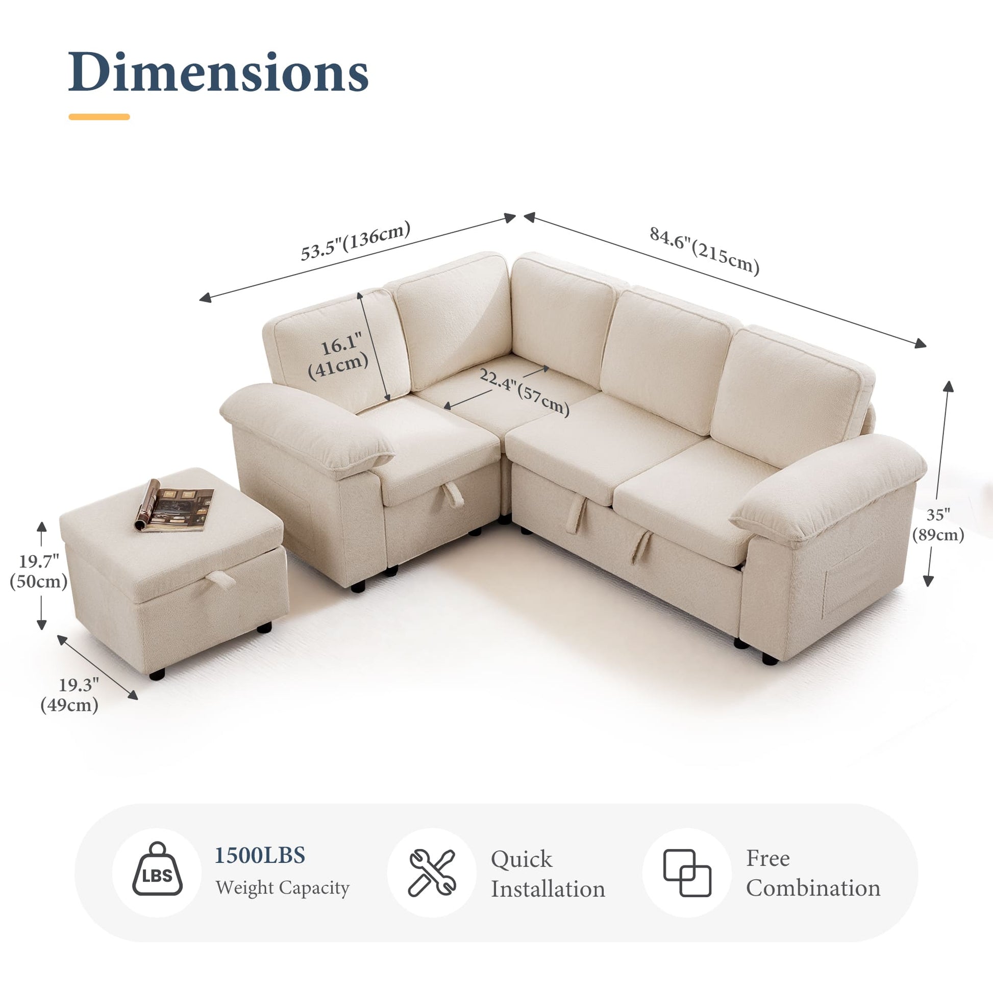 7-Seater Modular Sectional Sofa Couch with Pull-Out Sleeper and Storage