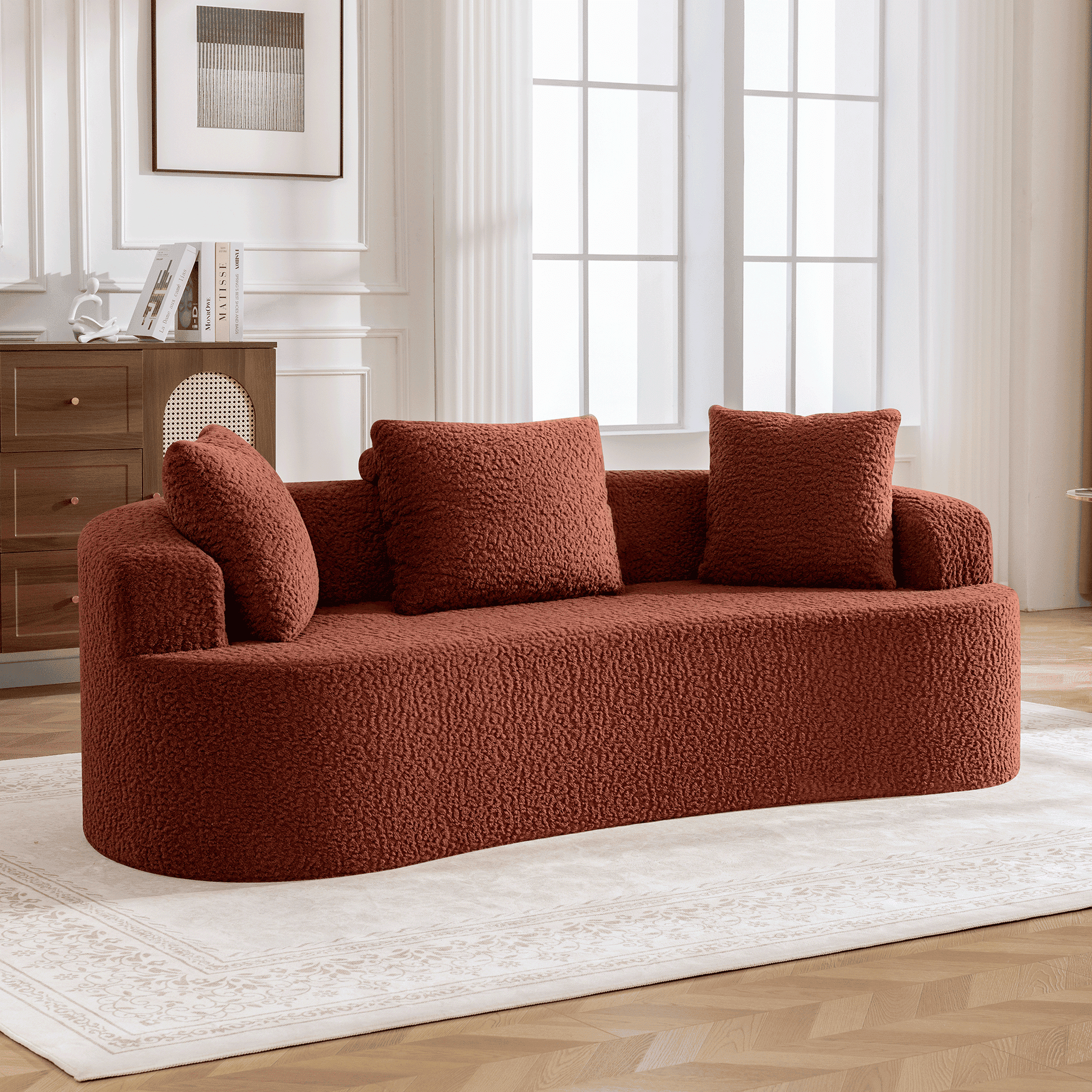 3-Seater Plush Floor Sofa with Cushions & Curved Back