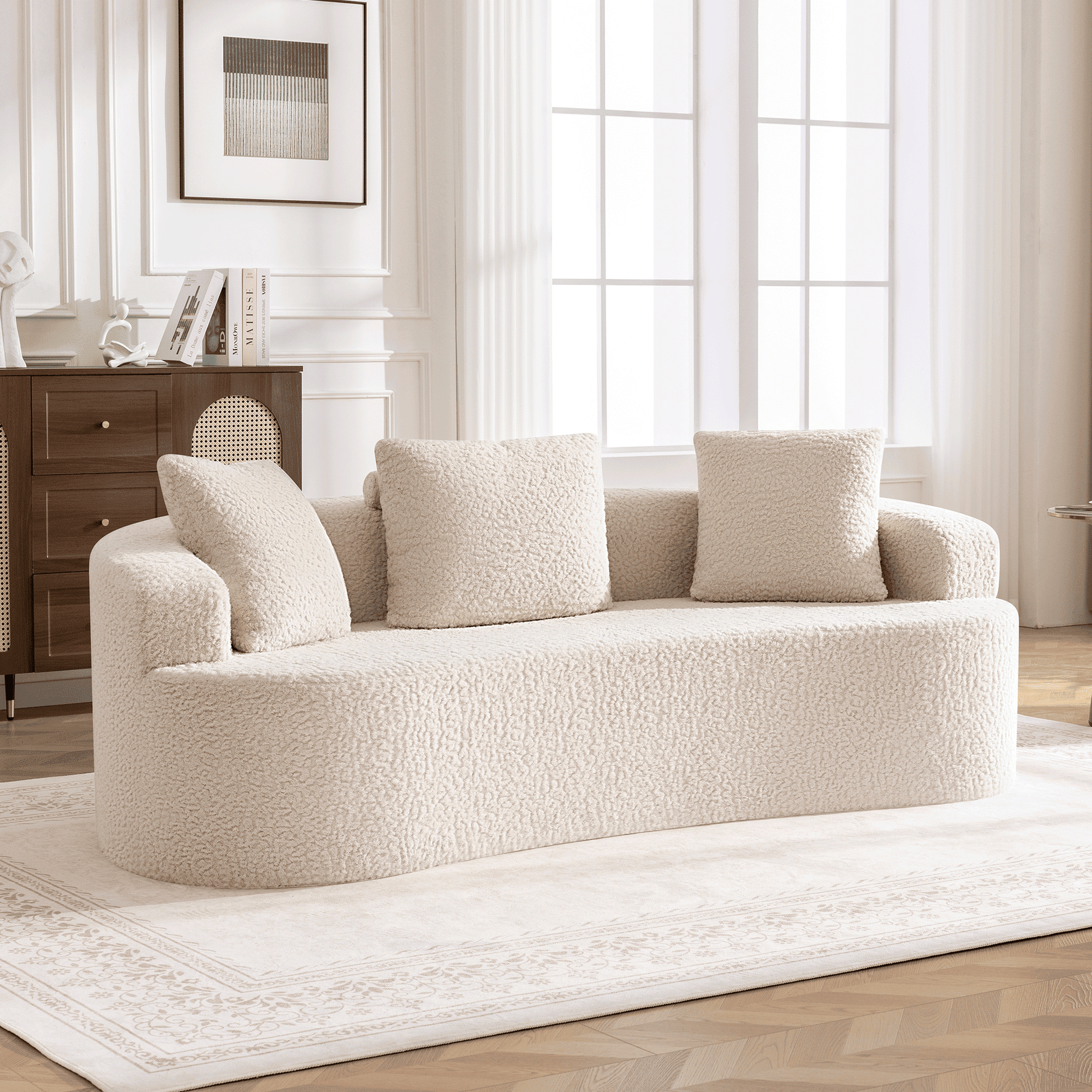 3-Seater Plush Floor Sofa with Cushions & Curved Back