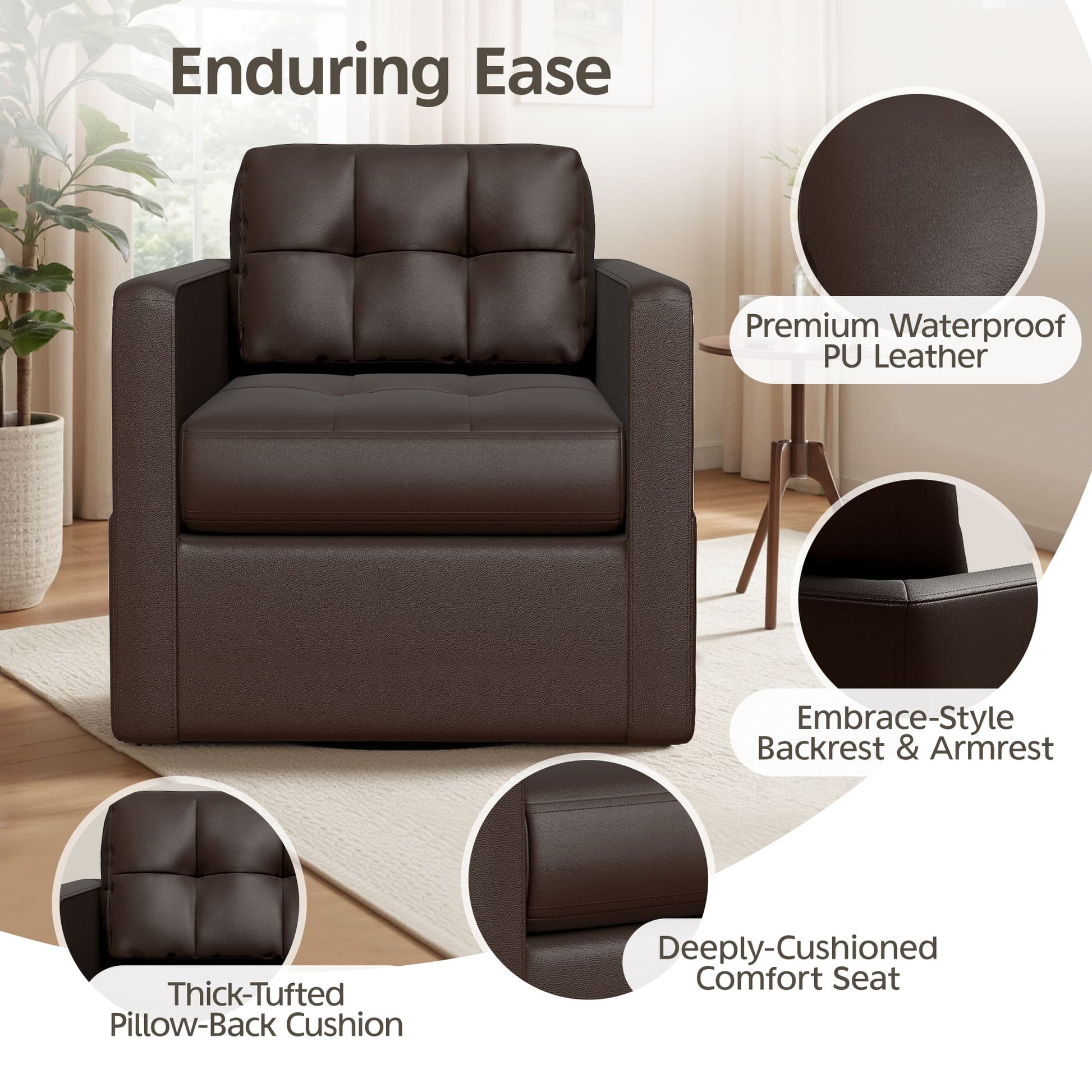 Leather Swivel Accent Chair for Living Room with Throw Pillow