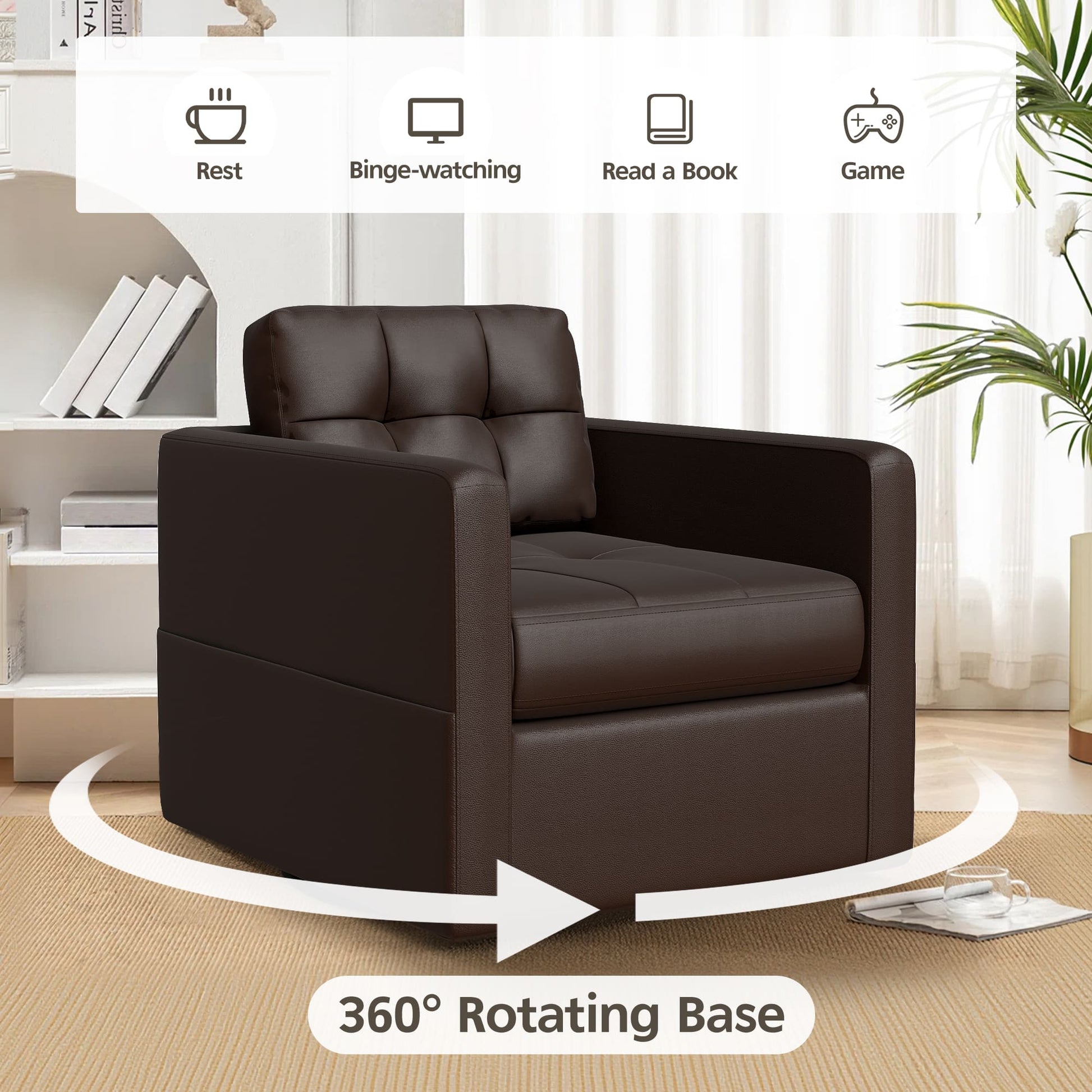 Leather Swivel Accent Chair for Living Room with Throw Pillow