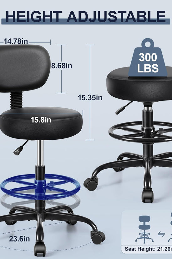 Drafting Chair with Backrest – Adjustable Foot Rest Rolling Stool with Wheels, PU Leather Swivel Stool for Office Spa Studio Lab Counter Salon Home Work Bar Kitchen Shop(Black), Pack of 10