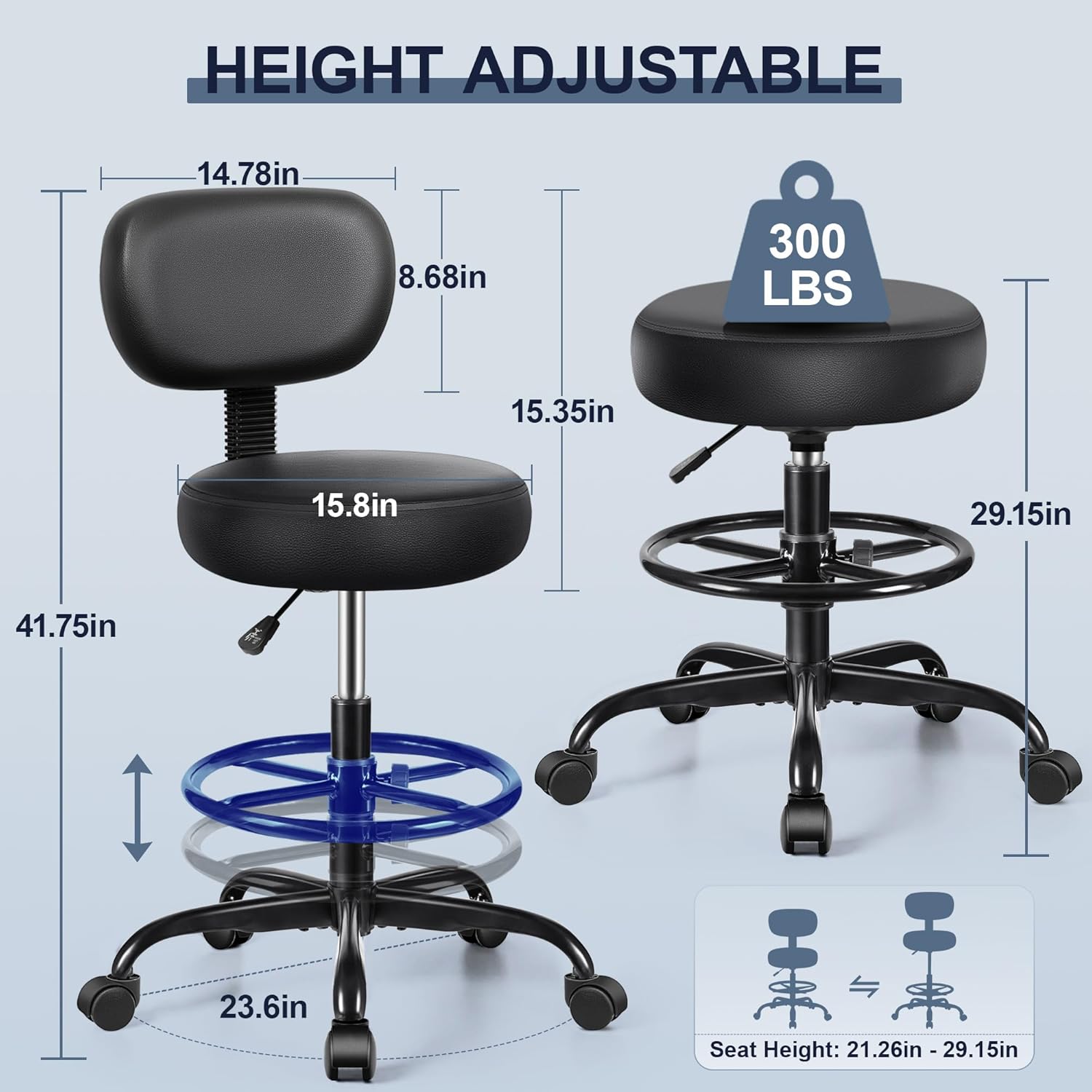 Drafting Chair with Backrest – Adjustable Foot Rest Rolling Stool with Wheels, PU Leather Swivel Stool for Office Spa Studio Lab Counter Salon Home Work Bar Kitchen Shop(Black), Pack of 10