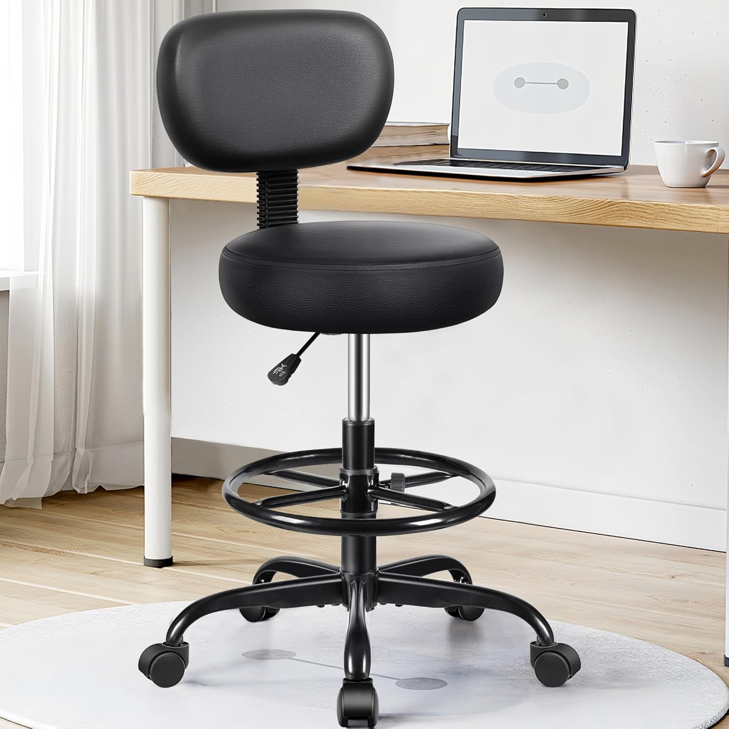 Drafting Chair with Backrest – Adjustable Foot Rest Rolling Stool with Wheels, PU Leather Swivel Stool for Office Spa Studio Lab Counter Salon Home Work Bar Kitchen Shop(Black), Pack of 10
