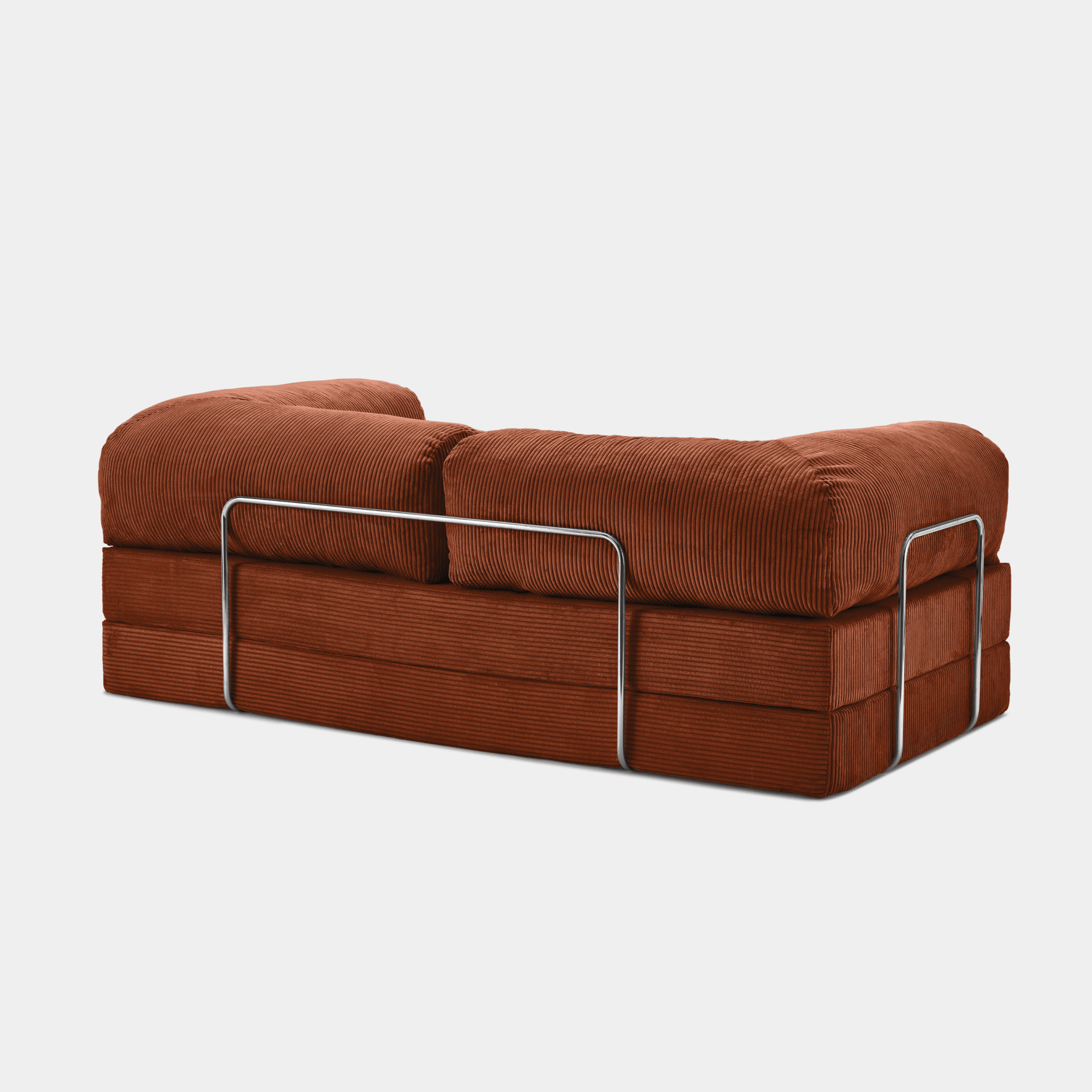 Primyhome brown corduroy convertible sofa rear view with sturdy chrome metal back support