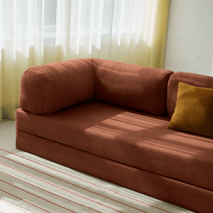 Primyhome brown corduroy convertible sleeper sofa detail and sofa armrest close-up