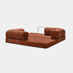 Fully unfolded Primyhome brown corduroy sleeper sofa bed with metal support on a clean white background