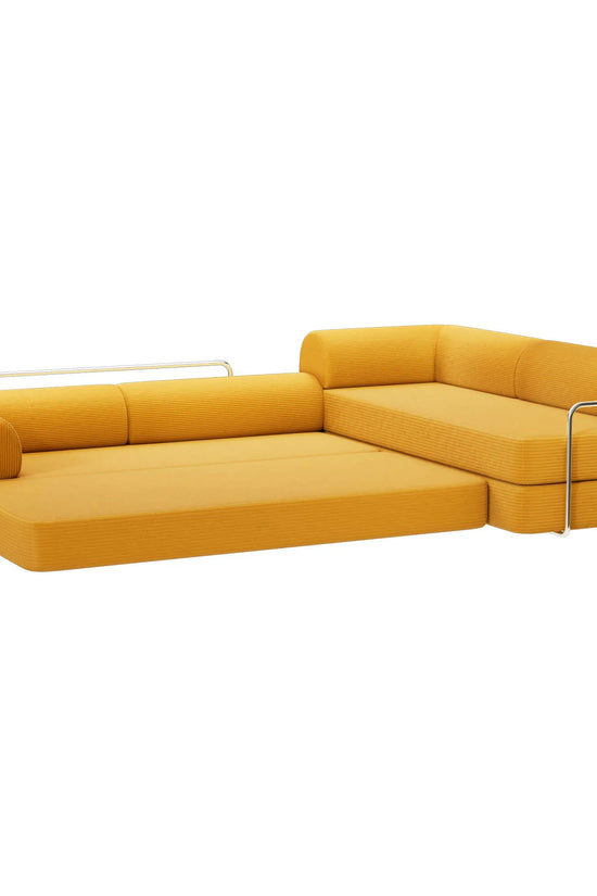 Primyhome Ginger Yellow corner closed sectional sofa fully unfolded into a large sleeper bed with corduroy texture