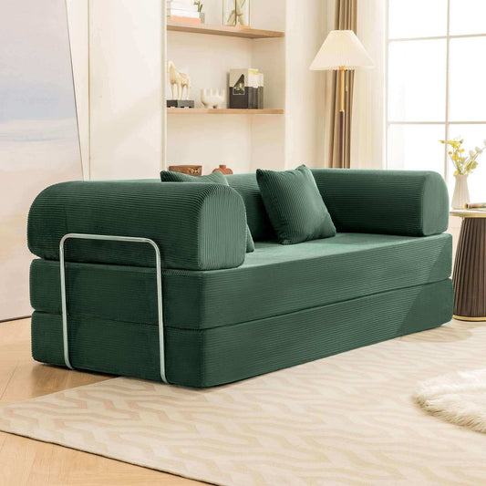 Primyhome Green mid-size foldable sofa bed with corduroy fabric and silver metal frame in a living room