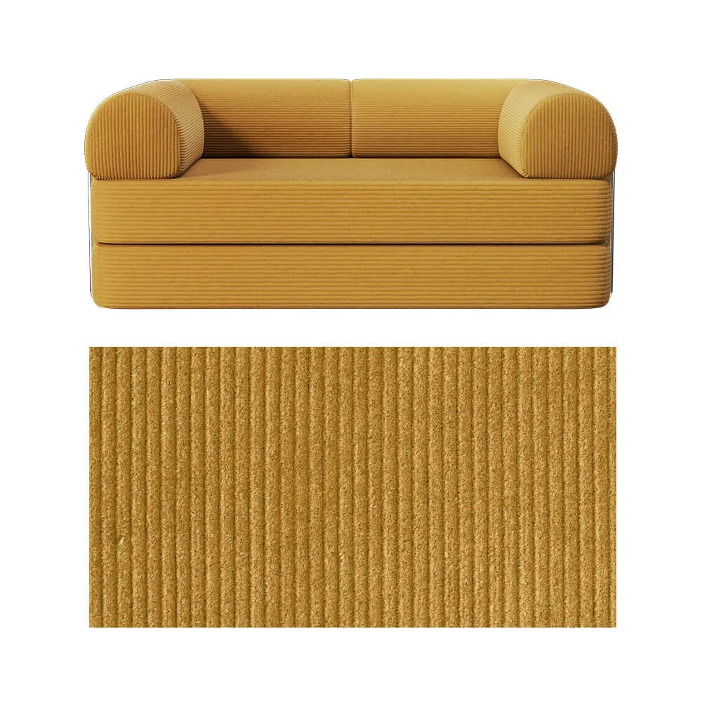 Primyhome convertible foldable sofa bed in Ginger Yellow, mid-size, featuring a close-up of the corduroy fabric texture