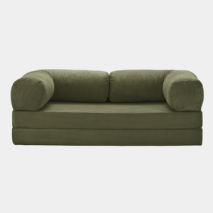 Primyhome convertible Olive Green corduroy sleeper sofa bed, minimalist modern design for living room or studio