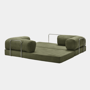 Fully unfolded Primyhome Olive Green corduroy sleeper sofa bed with metal support on a clean white background