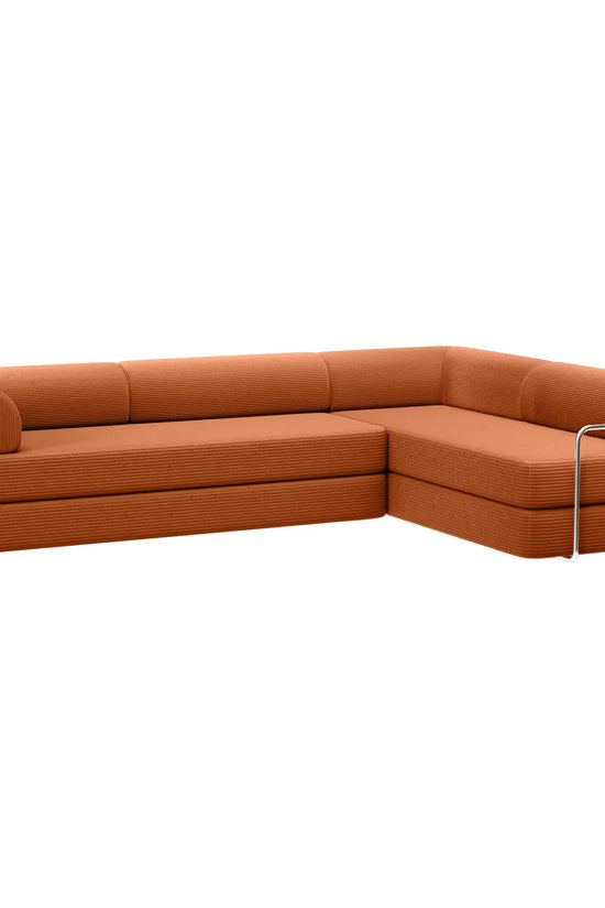 Side view of Primyhome Pumpkin Brown corner closed sectional sofa, showing the L-shaped corduroy cushions and sleek metal frame support