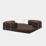 Fully unfolded Primyhome coffee brown corduroy sleeper sofa bed with metal support on a clean white background