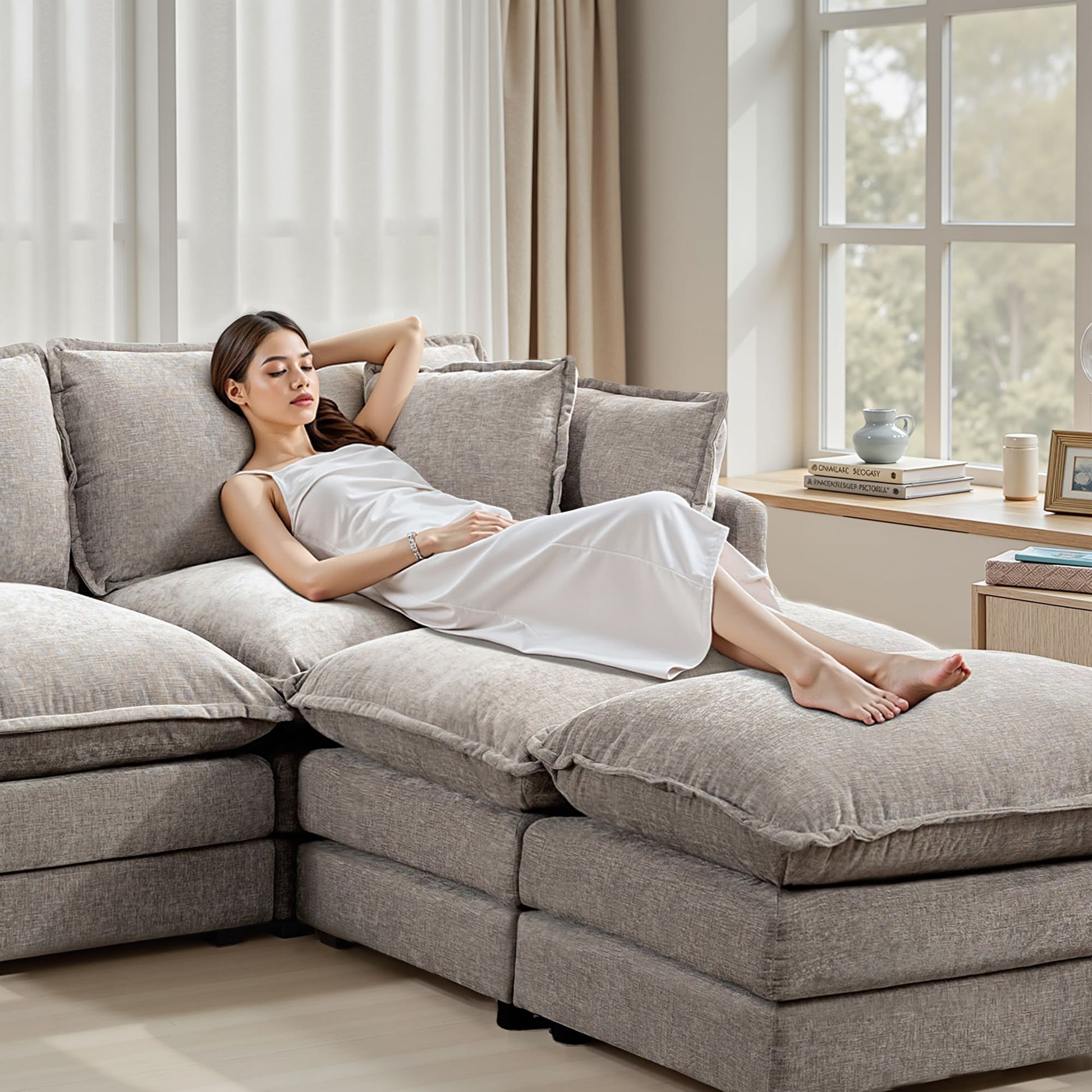 Modular 3-Seat Deep Seat Sectional Sofa with Ottoman