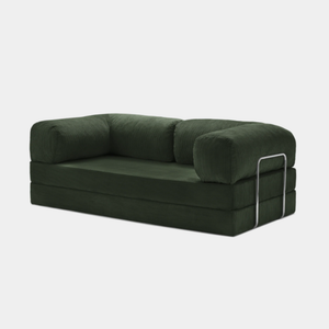 Primyhome green corduroy convertible sofa bed with metal side frame, modern floor lounge seating for small spaces