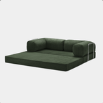 Primyhome green convertible sleeper sofa bed in unfolded position, showcasing the corduroy fabric and metal side rails