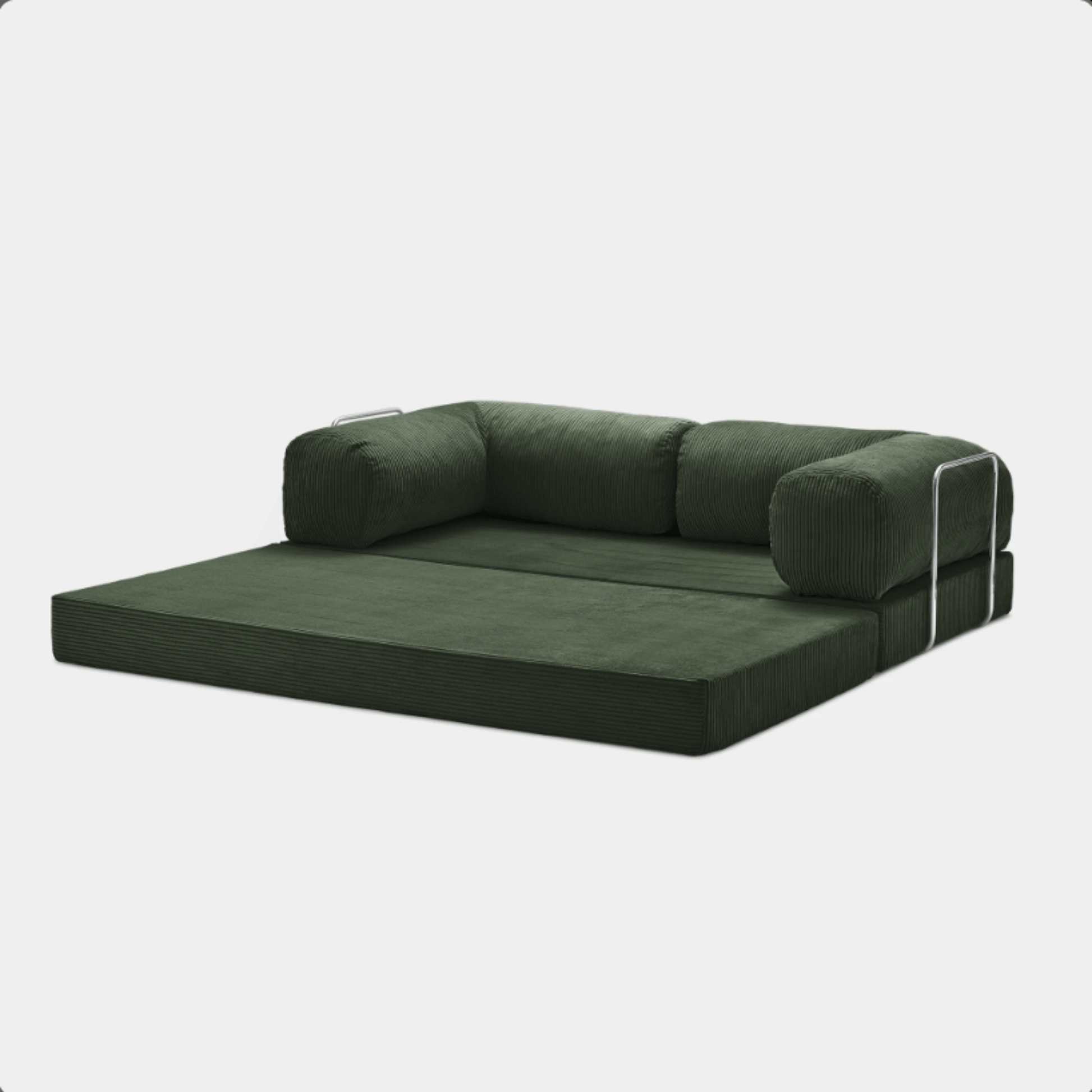 Primyhome green convertible sleeper sofa bed in unfolded position, showcasing the corduroy fabric and metal side rails