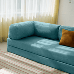 Primyhome light blue corduroy convertible sleeper sofa detail and sofa armrest close-up