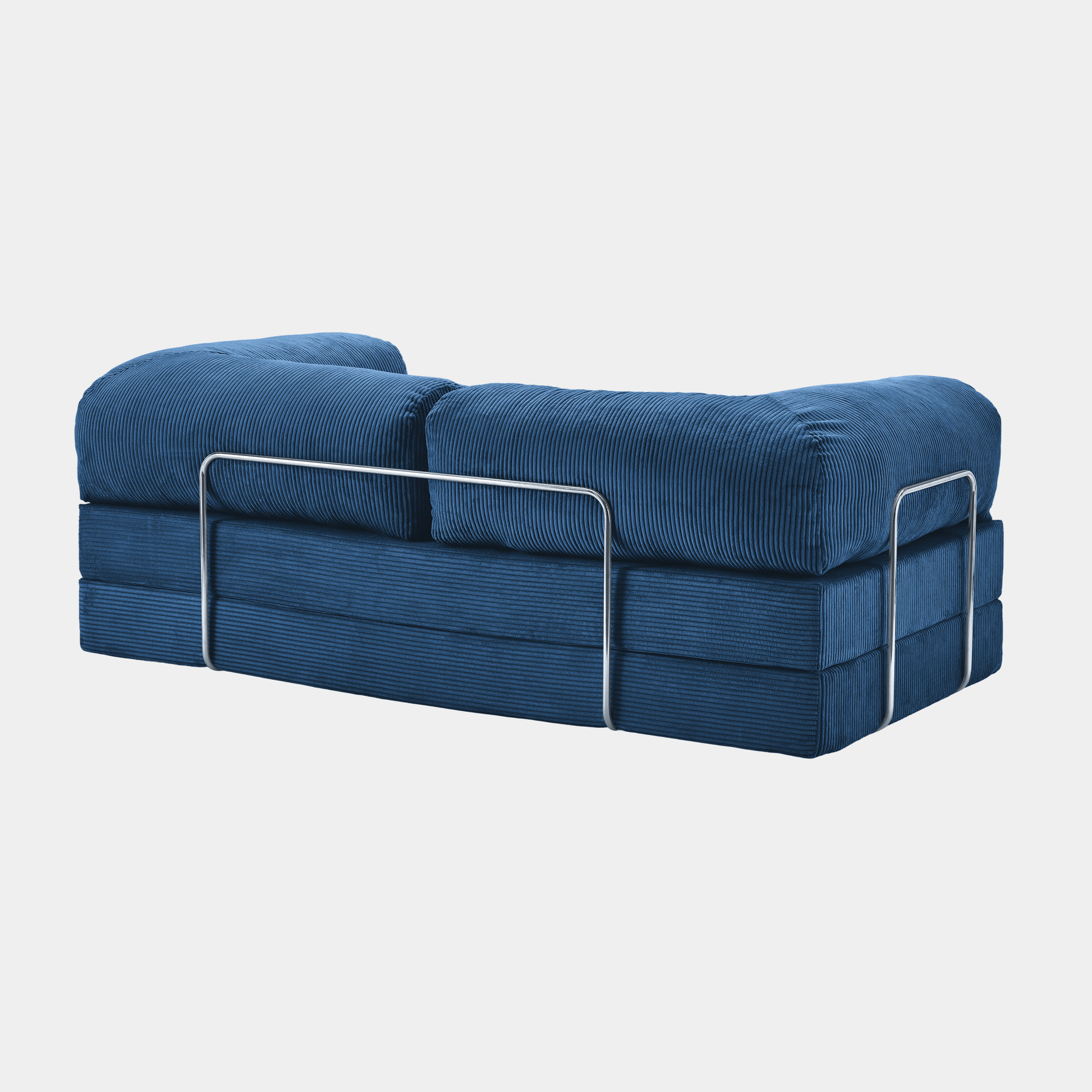 Primyhome navy blue corduroy convertible sofa rear view with sturdy chrome metal back support