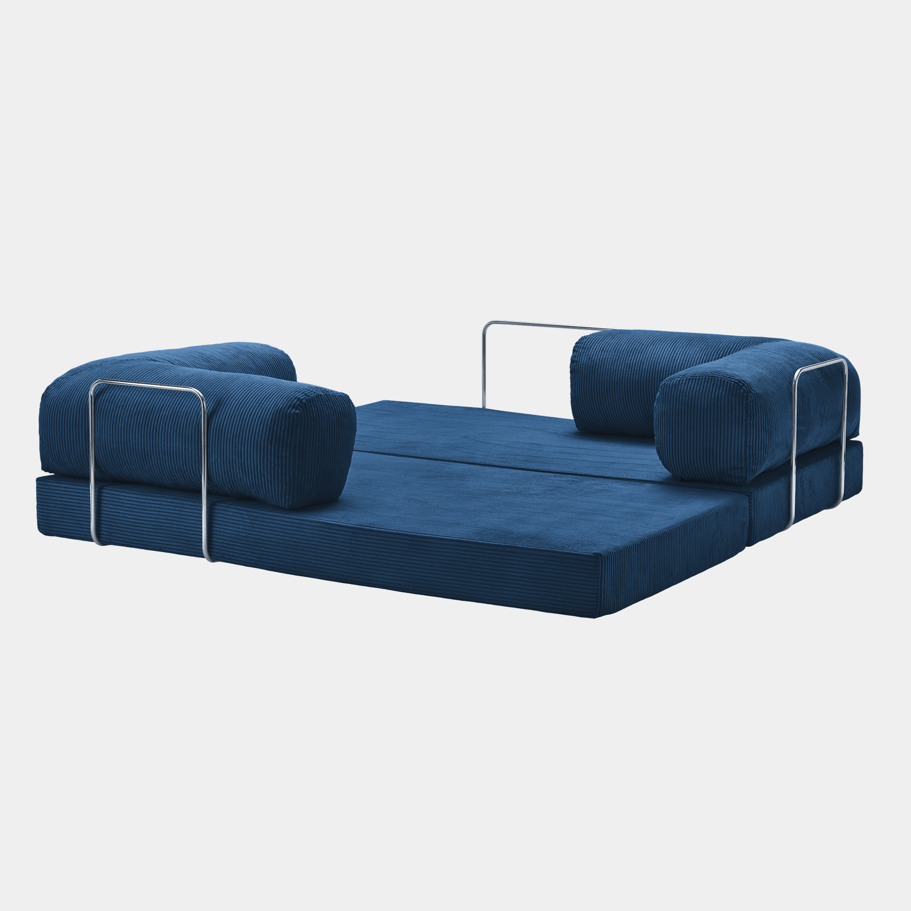 Fully unfolded Primyhome navy blue corduroy sleeper sofa bed with metal support on a clean white background