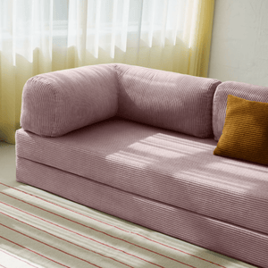 Primyhome pink corduroy convertible sleeper sofa detail and sofa armrest close-up