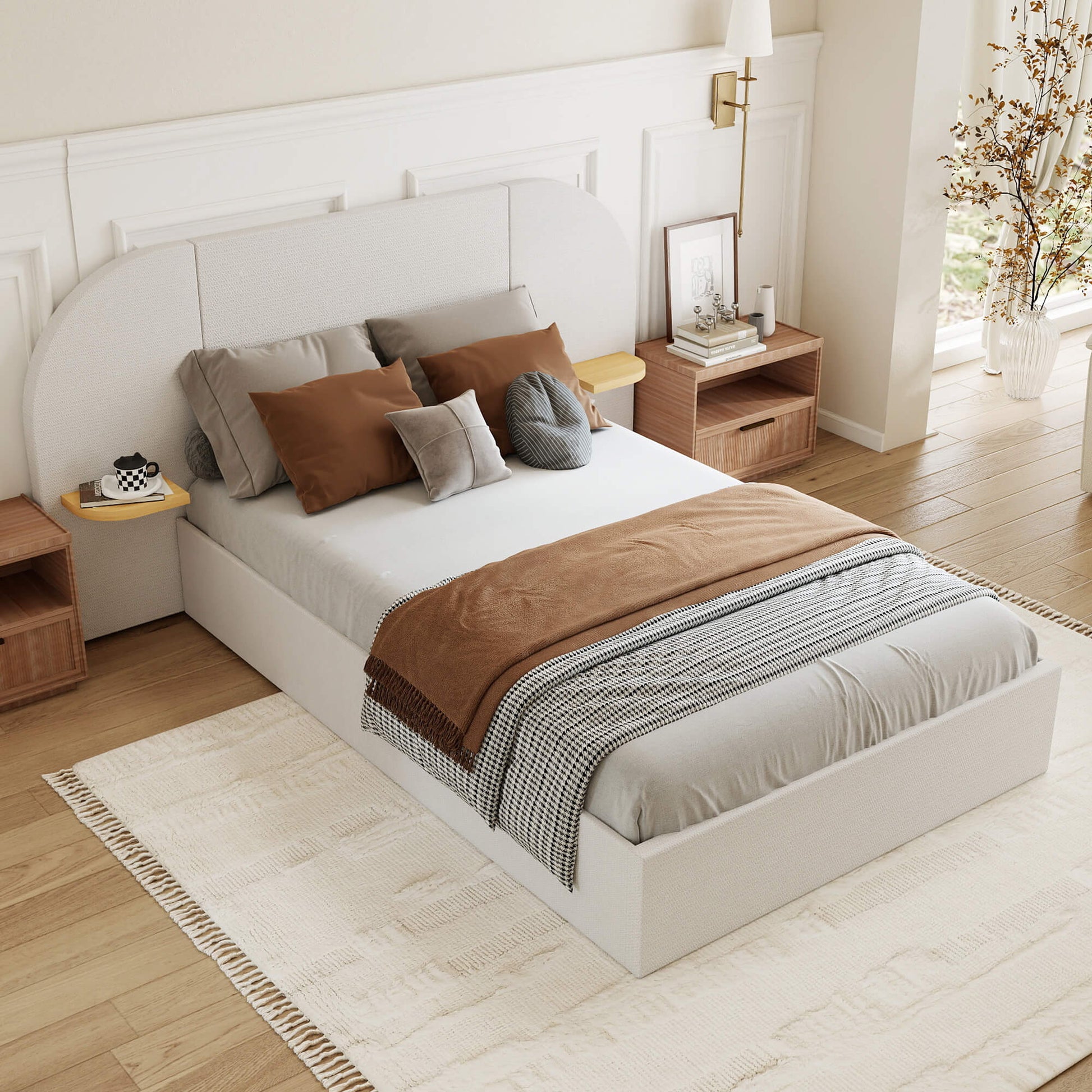 ModuNest Rounded Solid Wood Bed with Built-in Side Tables