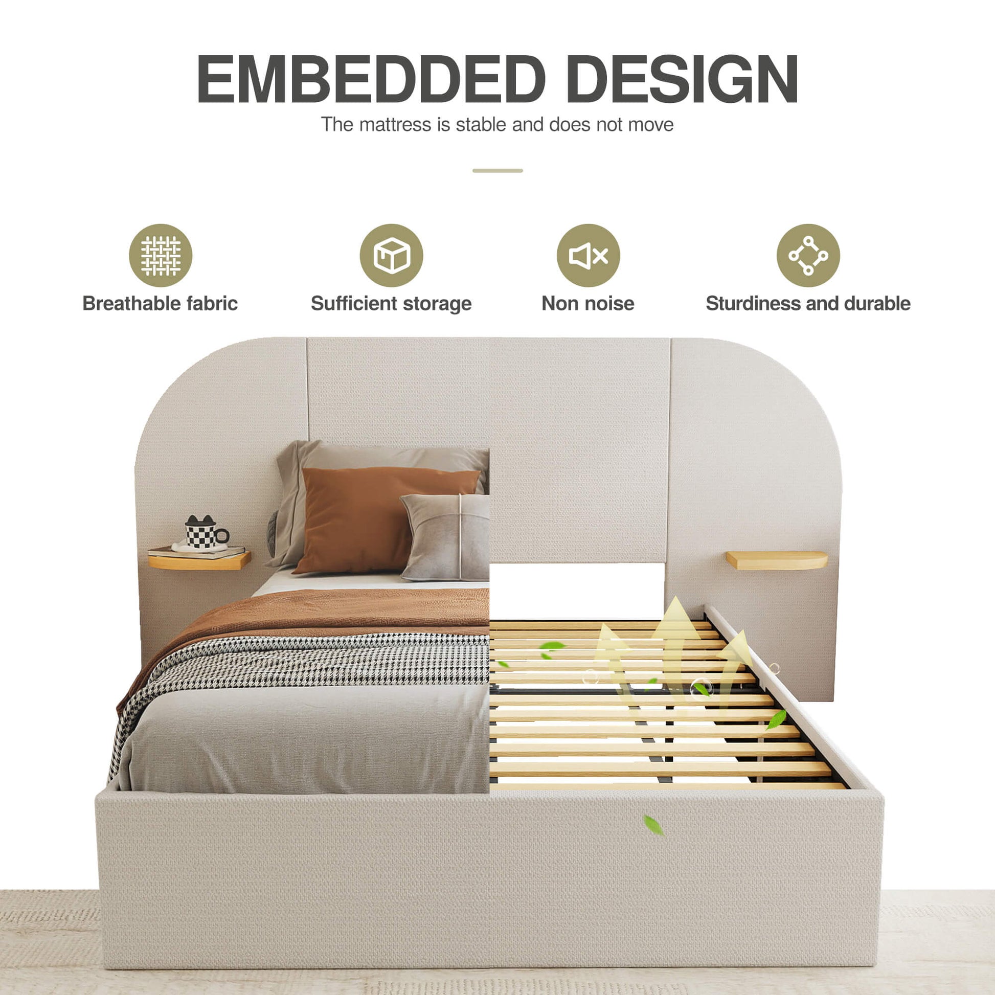 ModuNest Rounded Solid Wood Bed with Built-in Side Tables