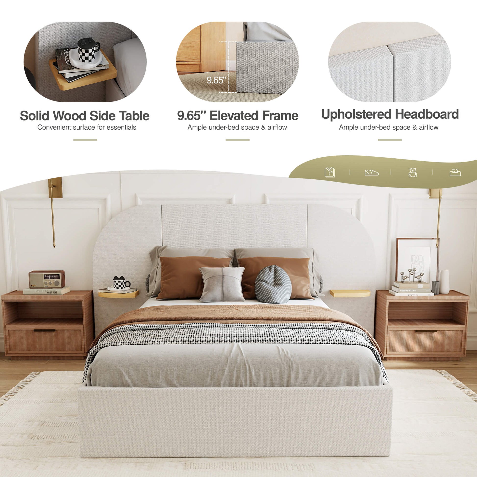 ModuNest Rounded Solid Wood Bed with Built-in Side Tables
