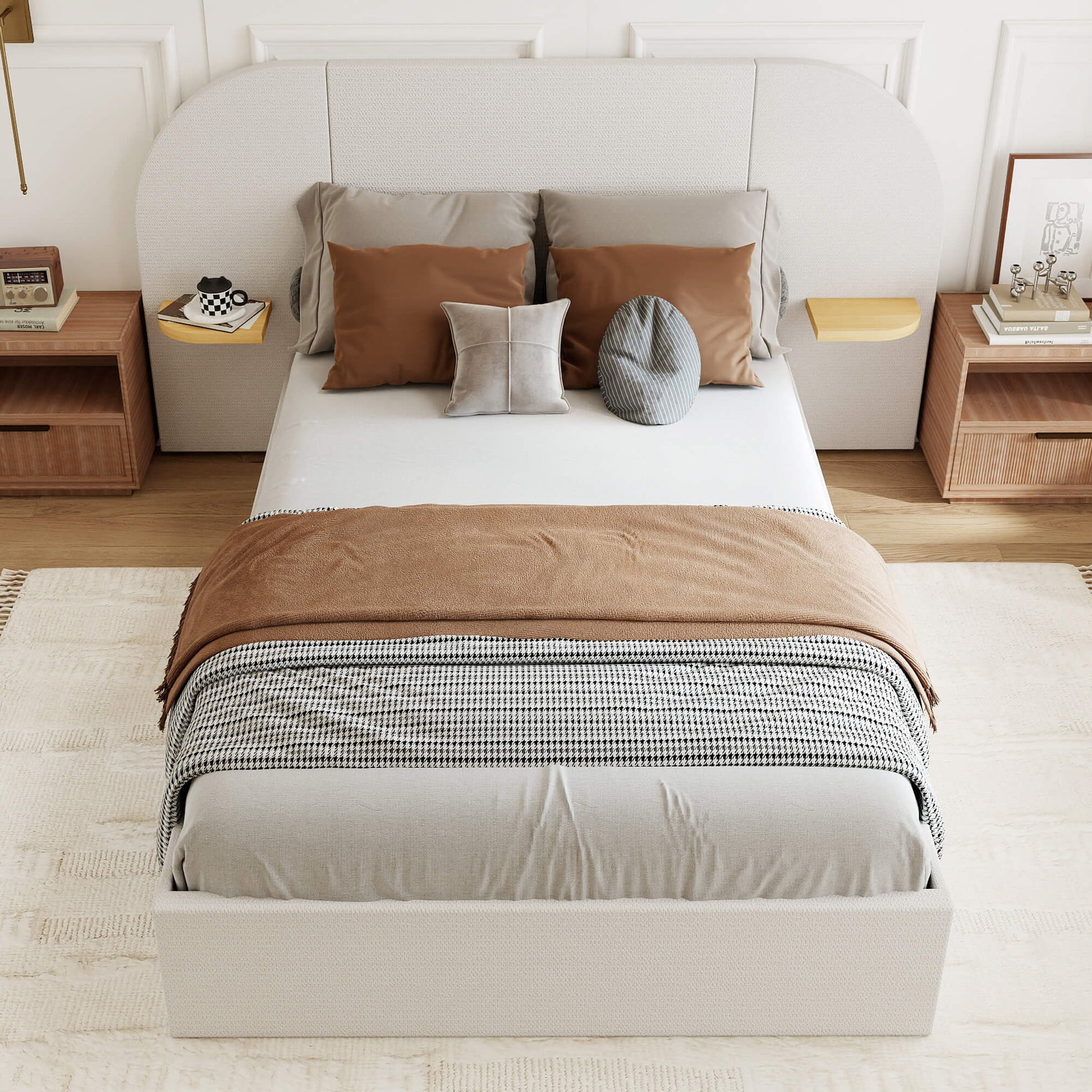 ModuNest Rounded Solid Wood Bed with Built-in Side Tables