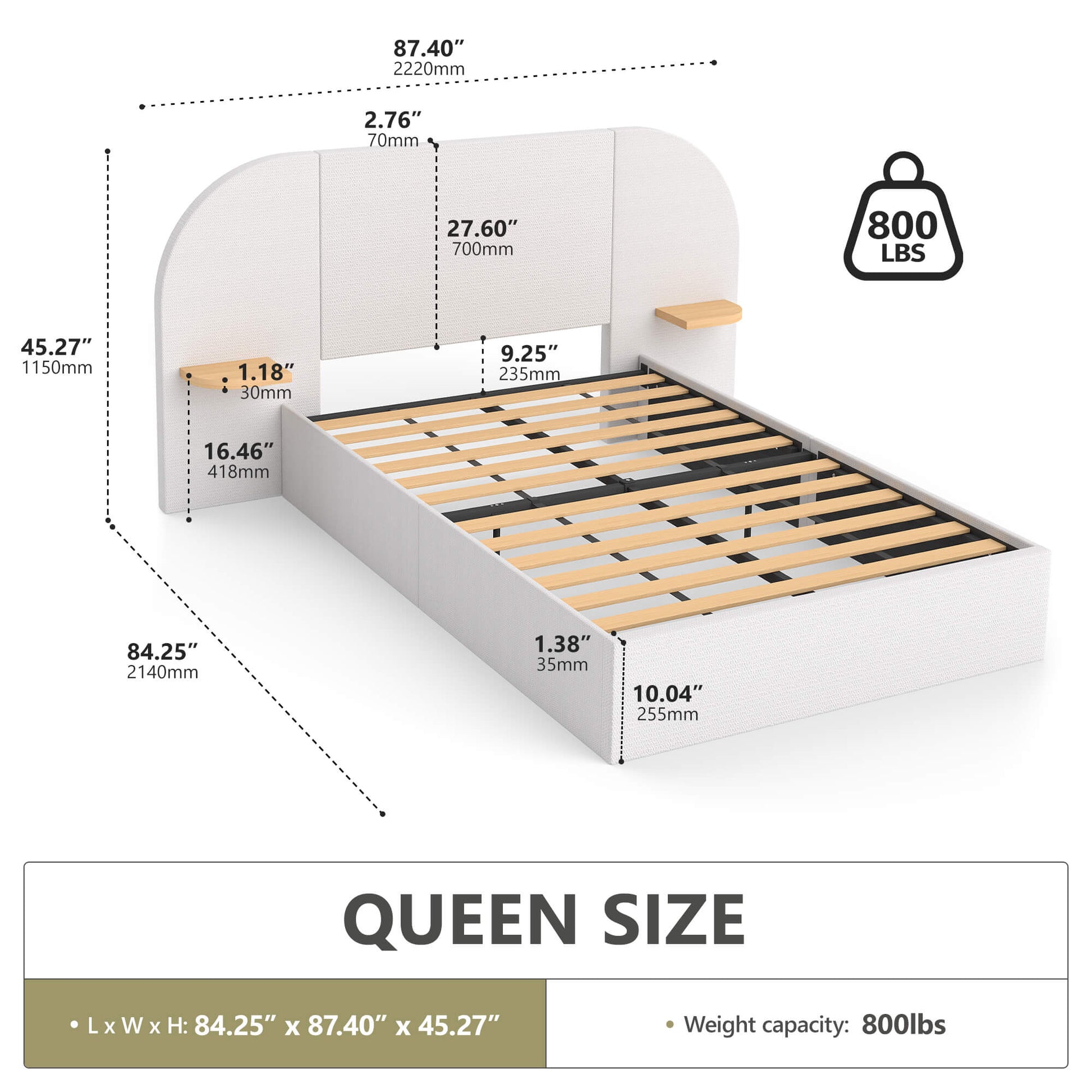ModuNest Rounded Solid Wood Bed with Built-in Side Tables