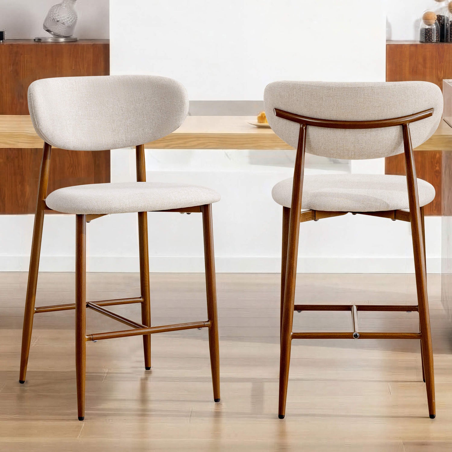 Modern Upholstered Counter Height Bar Stools Set of 2 with Solid Wood Legs