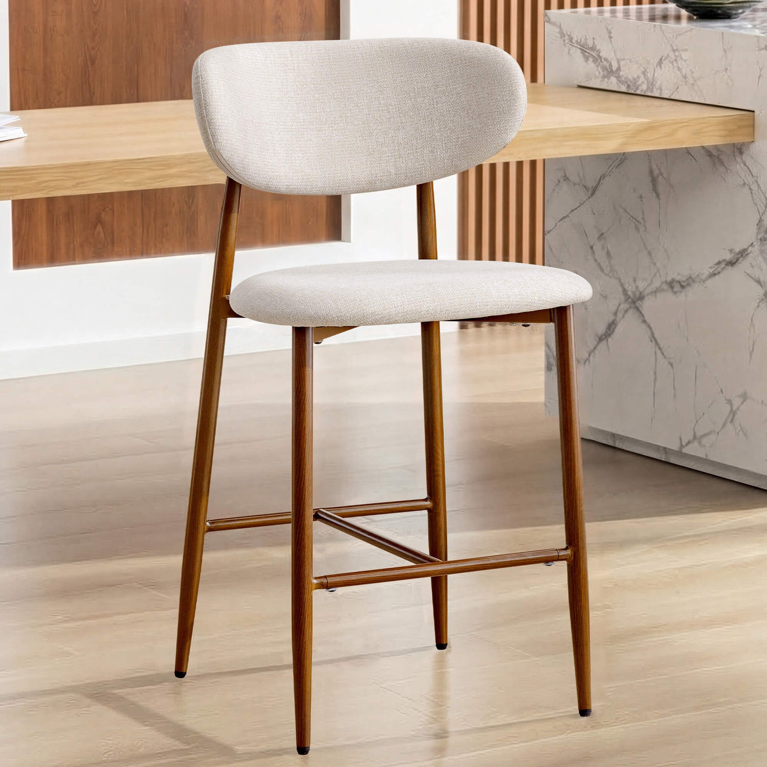 Modern Upholstered Counter Height Bar Stools Set of 2 with Solid Wood Legs